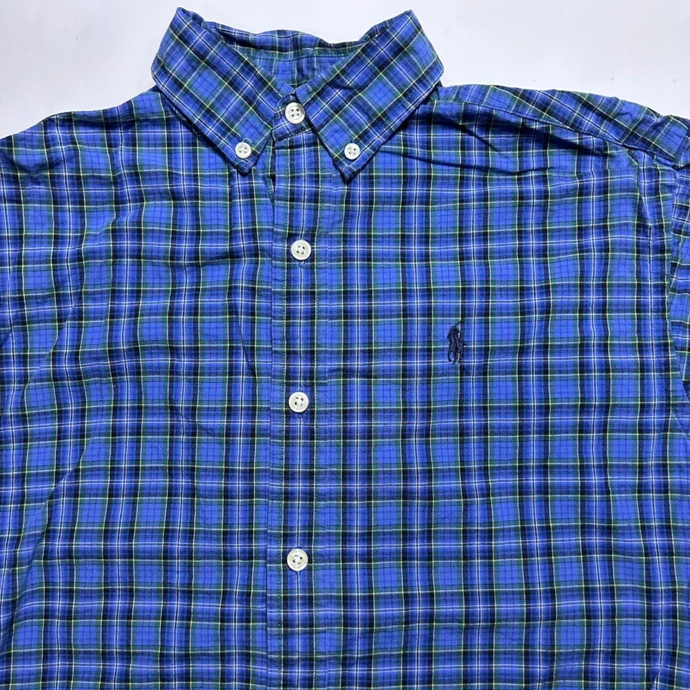Ralph Lauren Kids Plaid‎ Button-Up Shirt Blue Green Cotton Blend Size Medium